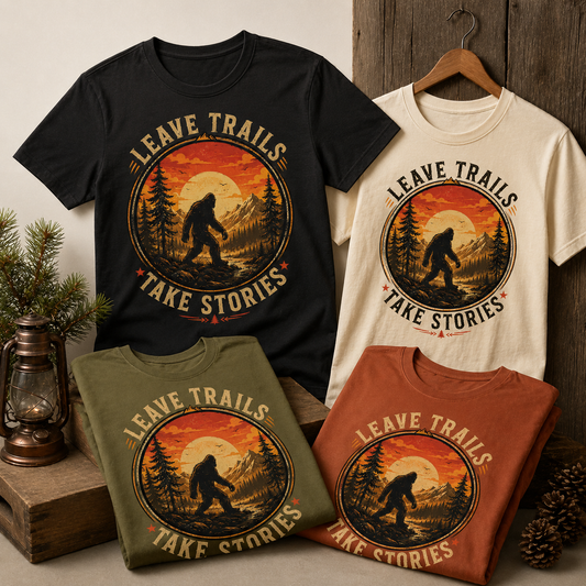 Bigfoot Wilderness Graphic Tee – Leave Trails Take Stories Vintage Outdoor Shirt