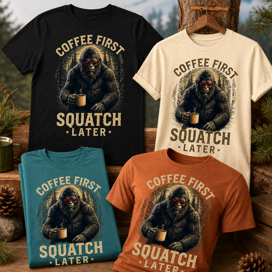 Coffee First Squatch Later Bigfoot Funny Graphic T-Shirt