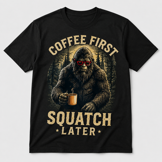 Coffee First Squatch Later Bigfoot Funny Graphic T-Shirt
